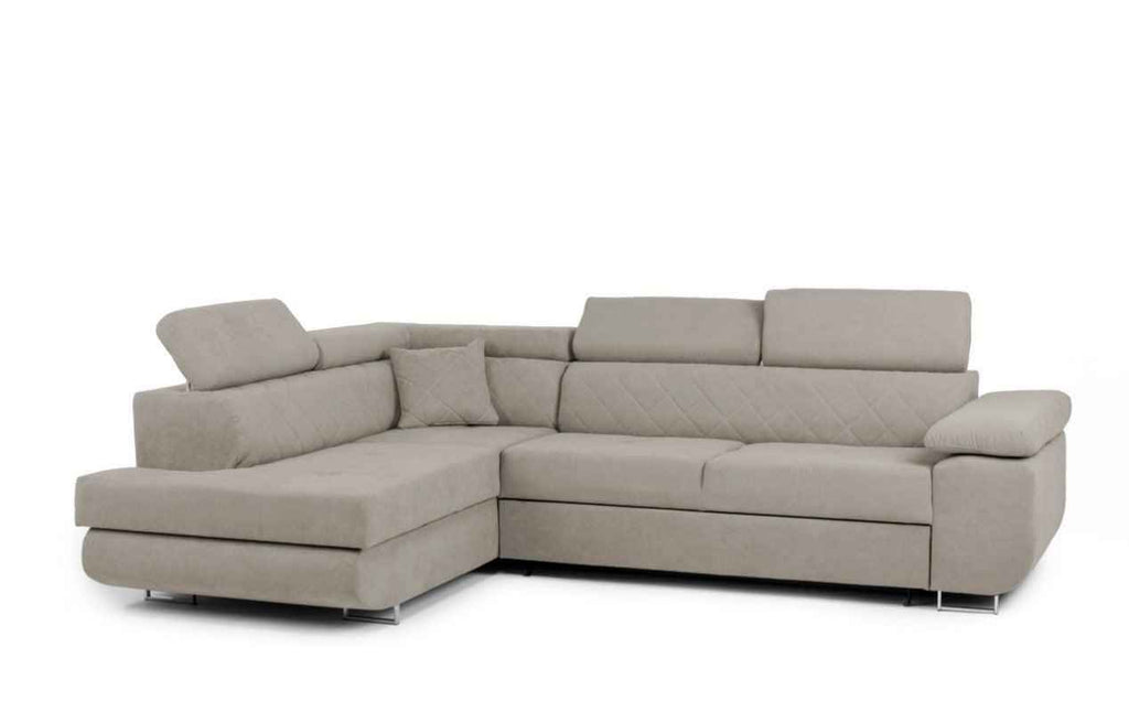 Hilton storage corner sofa bed with adjustable headrests in light grey fabric.