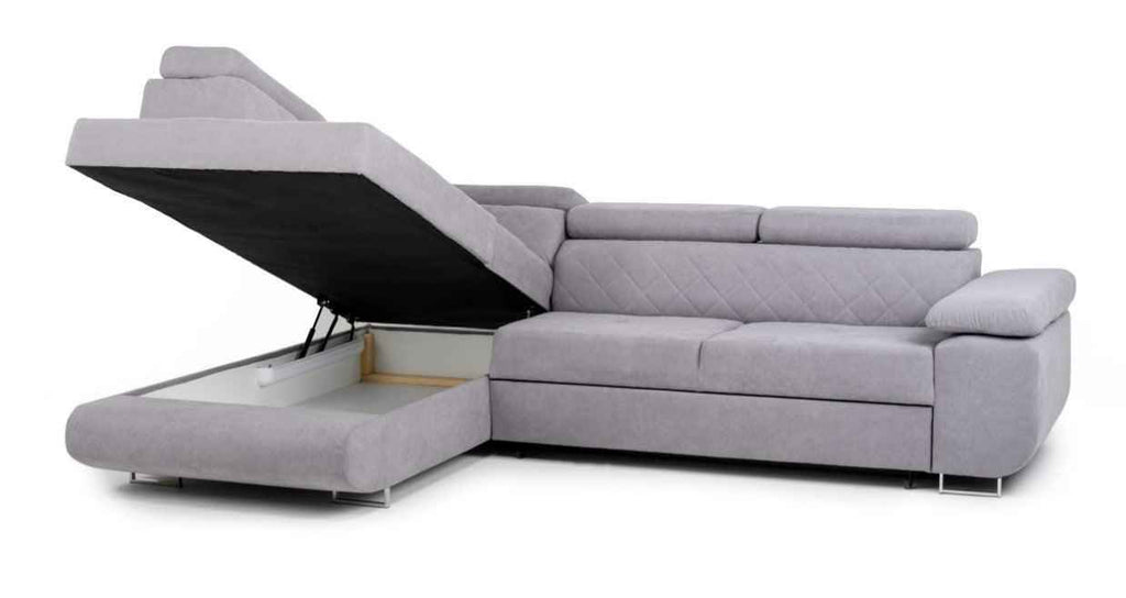 Hilton storage corner sofa bed with headrests, shown with storage compartment open.