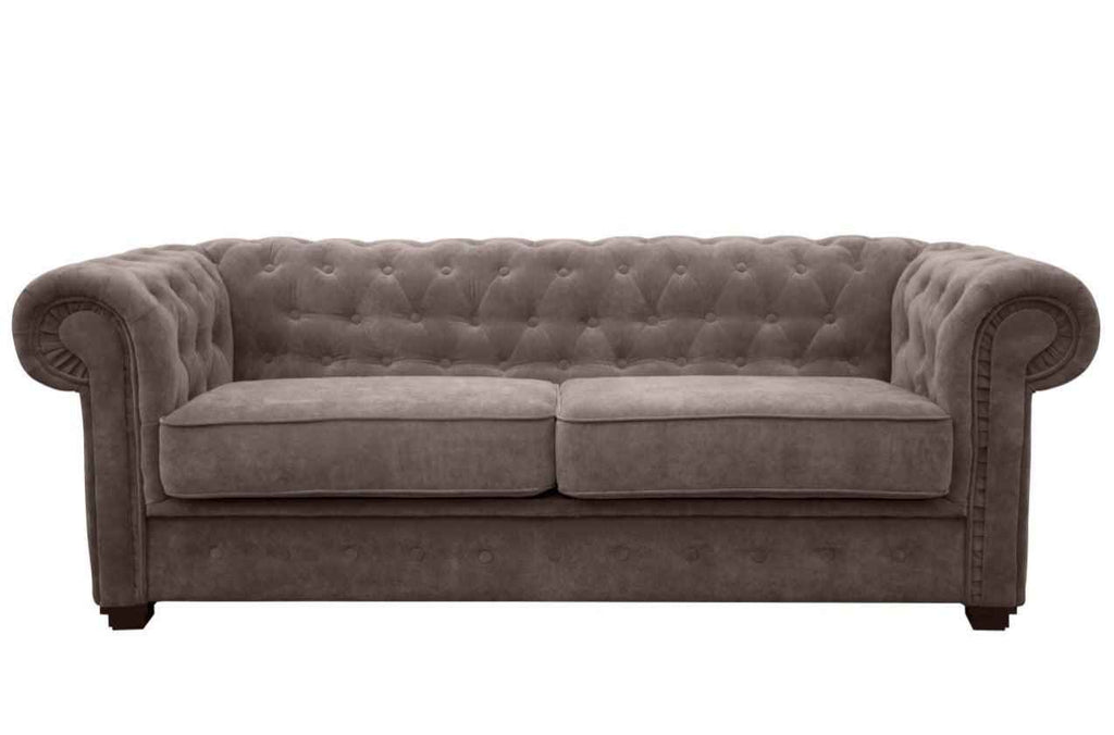 A brown fabric Chesterfield sofa bed with tufted back and rolled arms.