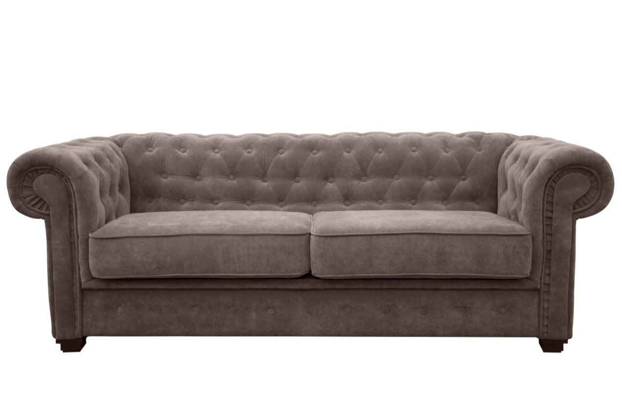 A brown fabric Chesterfield sofa bed with tufted back and rolled arms.