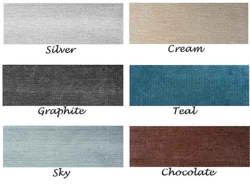 Fabric swatches for Ireby Chesterfield Sofa Bed in Silver, Cream, Graphite, Teal, Sky, and Chocolate.