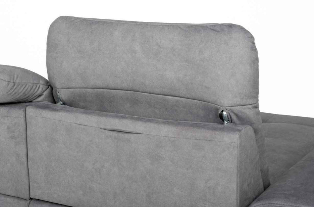 Grey fabric corner sofa bed with adjustable headrest.