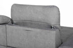 Grey fabric corner sofa bed with adjustable headrest.