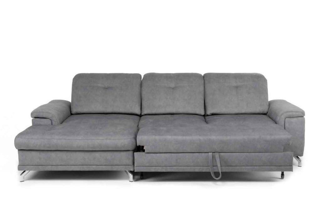 Grey fabric corner sofa bed with pull-out section.