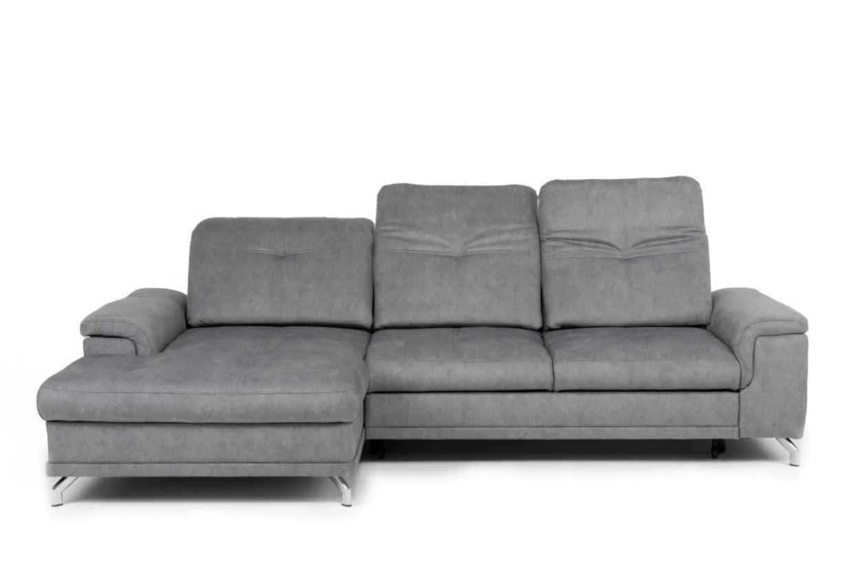 Mosedale grey fabric corner sofa bed with adjustable headrests.