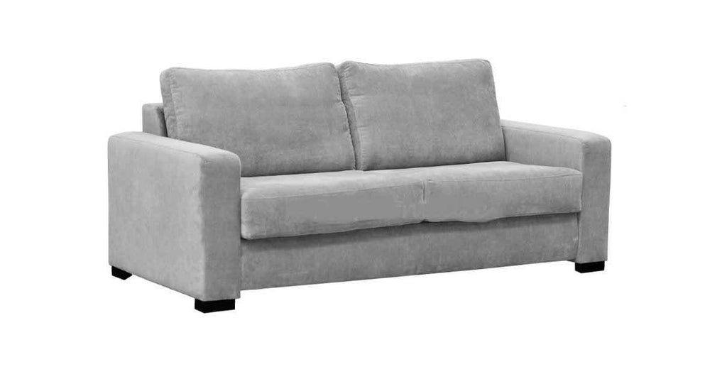 Grey fabric sofa bed with two back cushions and a seat cushion.