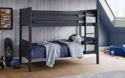 The Bella Bunk Bed in anthracite with blue bedding.
