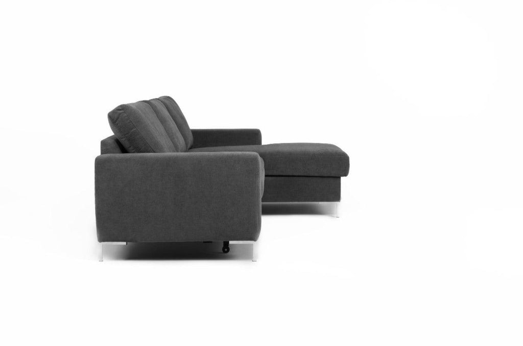Dark gray corner storage sofa bed with modern silver feet.