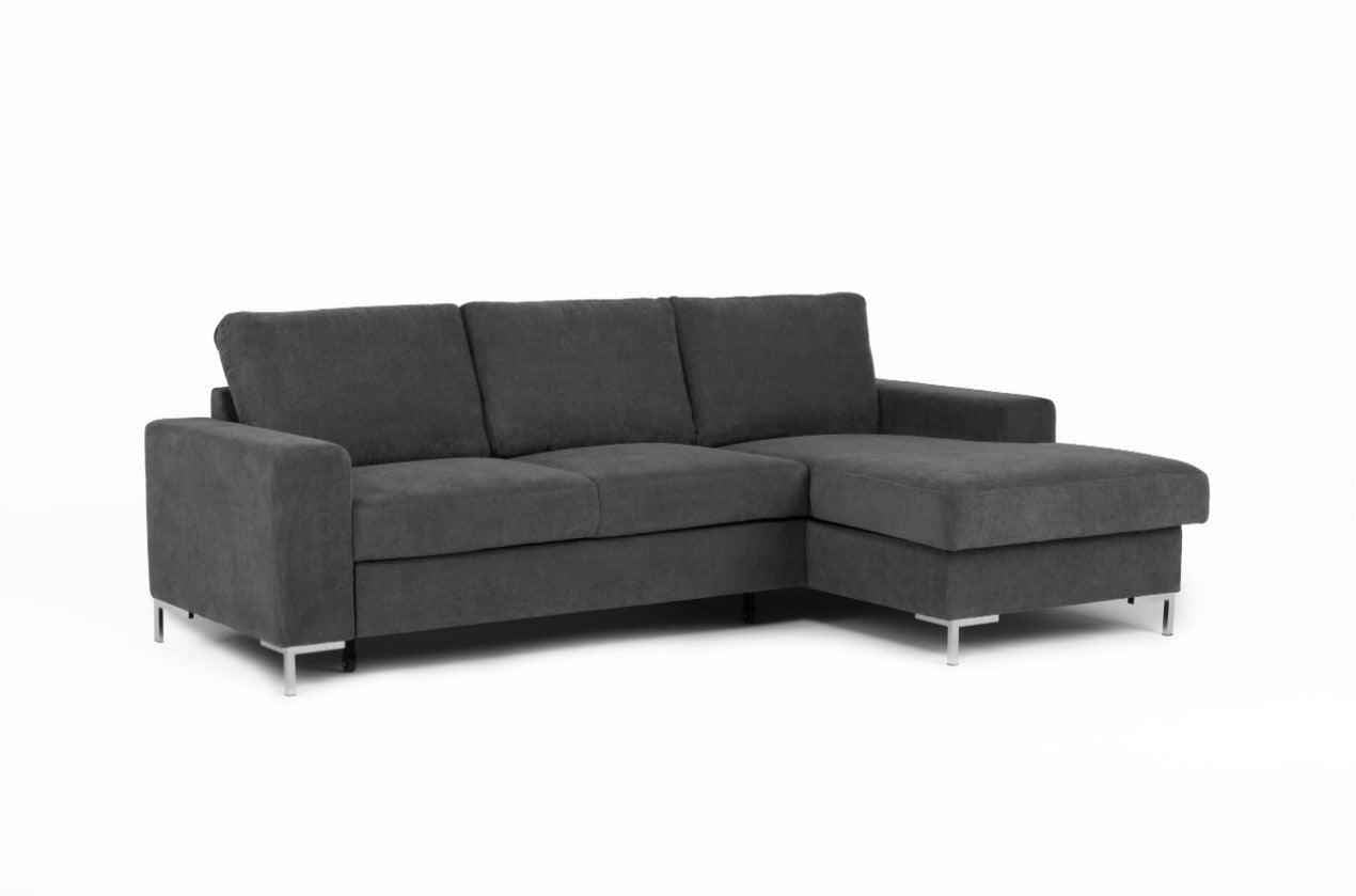 Dark grey corner storage sofa bed with silver feet.