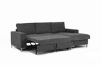 A dark grey corner sofa bed with storage and silver feet.