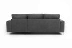 Dark gray corner sofa bed with three back cushions and silver feet.