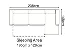 Diagram of a corner sofa bed with dimensions 238cm x 148cm and sleeping area 195cm x 128cm.