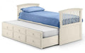 A cream wooden bed frame with a pull-out underbed and three drawers.