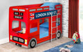 A red London bus bunk bed with blue striped bedding and a teddy bear.