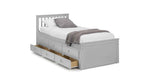 Grey wooden captain's bed with a slatted headboard and six storage drawers.