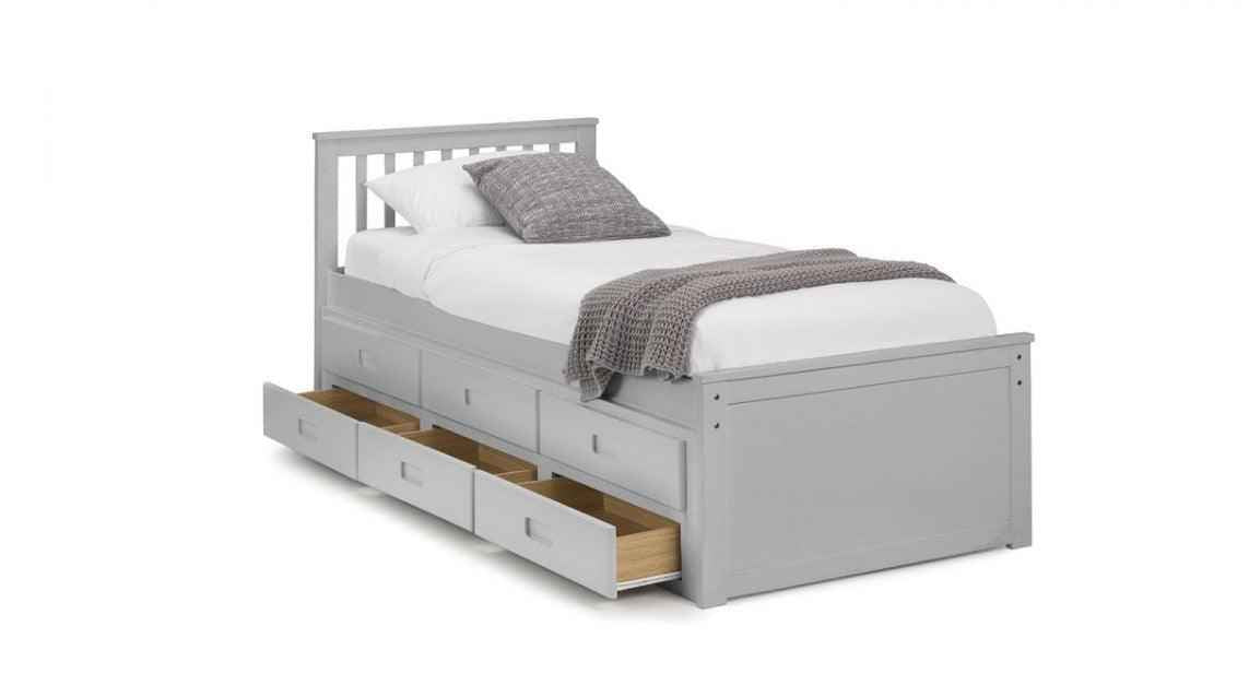 Grey wooden captain's bed with a slatted headboard and six storage drawers.