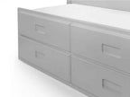 Grey wooden underbed storage drawers with recessed handles.