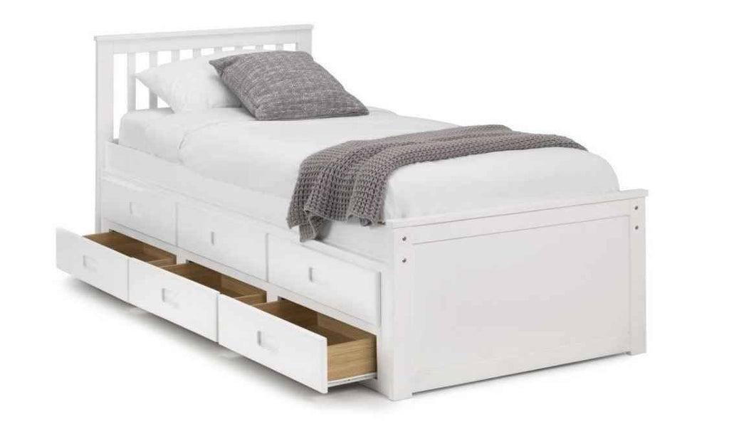 White wooden captain's bed with storage drawers and a pull-out underbed.