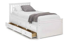White wooden captain's bed with storage drawers and a pull-out underbed.