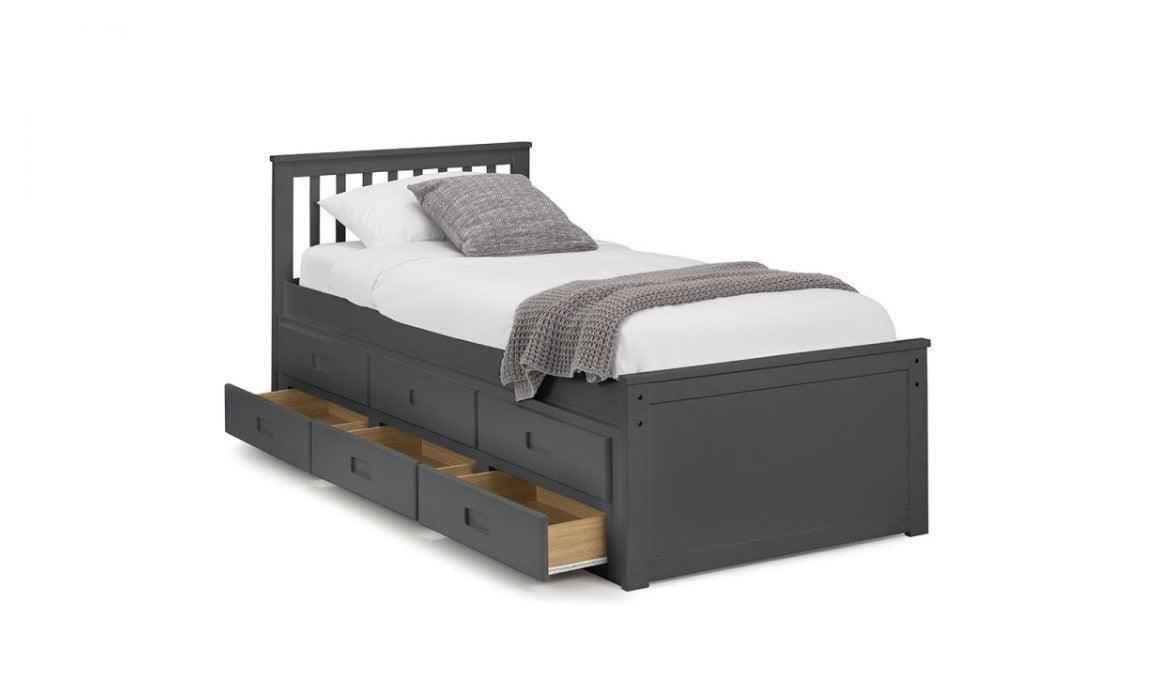 Dark grey wooden captain's bed frame with a slatted headboard and six storage drawers.