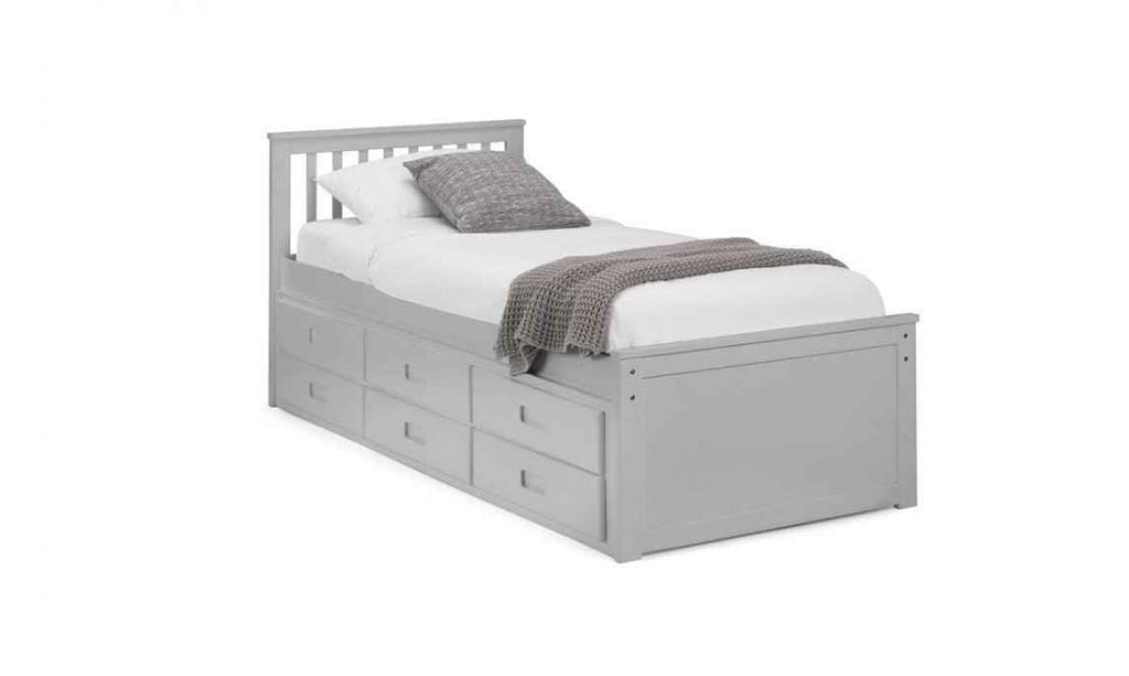 A grey wooden captain's bed with a slatted headboard and six storage drawers.