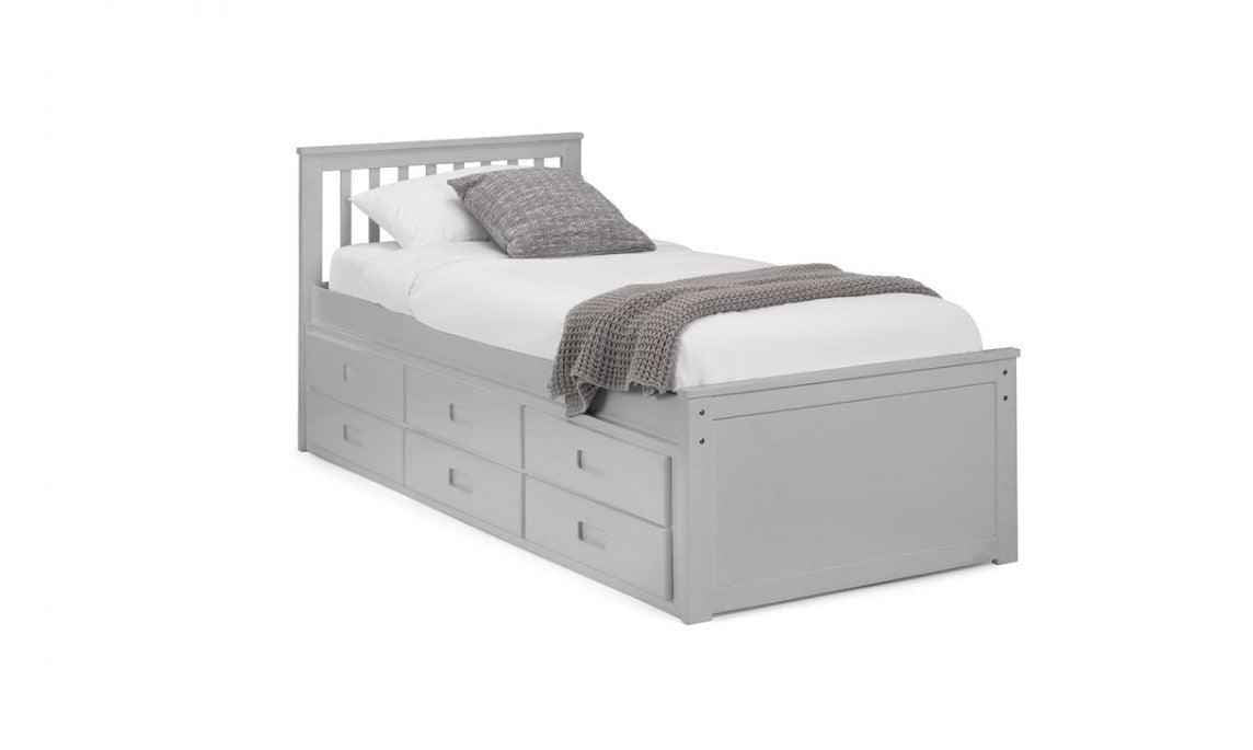 A grey wooden captain's bed with a slatted headboard and six storage drawers.