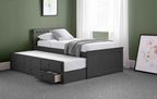 Dark grey wooden captain's bed with a pull-out trundle and six storage drawers.