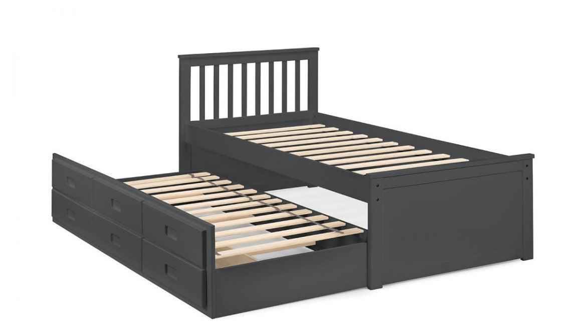 Dark grey wooden captain's bed with pull-out underbed and storage drawers.