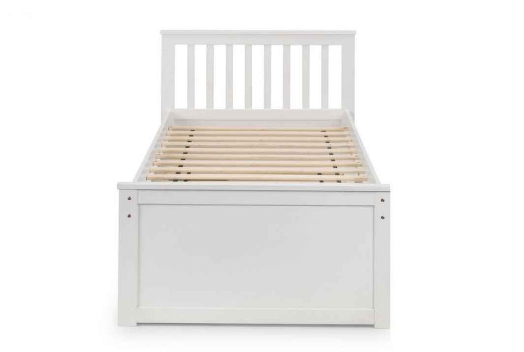 White wooden captain's bed frame with slatted headboard and storage drawers.