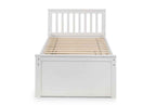 White wooden captain's bed frame with slatted headboard and storage drawers.