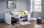 A white Neptune wooden midsleeper bed with a desk and shelves.