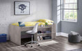 The Neptune wooden midsleeper bed with desk and shelves in grey oak finish.