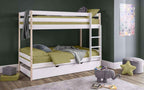 A white and pine bunk bed with a trundle drawer, green bedding, and a grey blanket.