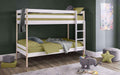 A white and pine wooden bunk bed with green bedding.