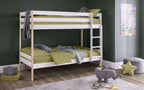 A white and pine wooden bunk bed with green bedding.