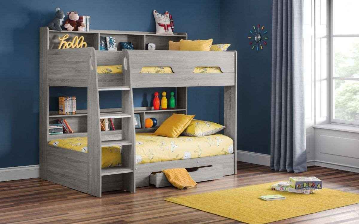 The Orion grey oak wooden bunk bed with shelves and a drawer.