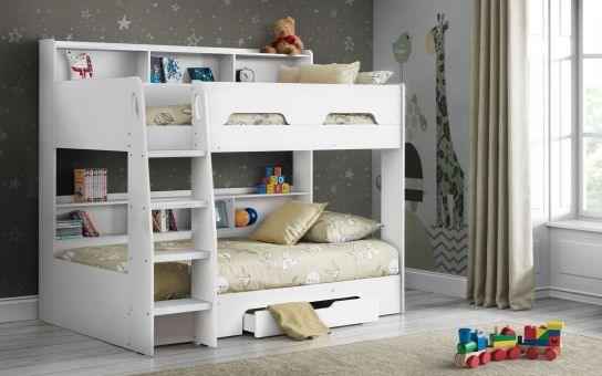 A white wooden bunk bed with shelves and a pull-out drawer.