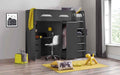 The Pegasus High Sleeper is a dark grey loft bed with a desk, wardrobe, and storage.