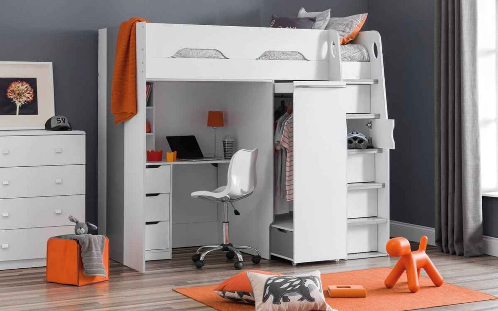 White high sleeper bed with desk, wardrobe, and storage drawers.