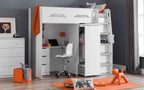 White high sleeper bed with desk, wardrobe, and storage drawers.