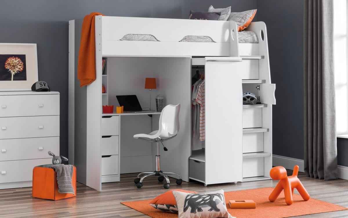 White high sleeper bed with desk, wardrobe, and storage drawers.