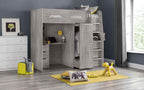 The Pegasus High Sleeper is a grey oak bunk bed with a desk and wardrobe.