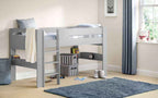A grey mid-sleeper bed with a ladder and storage.