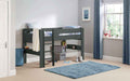 A grey Pluto midsleeper bed with a ladder and a blue rug.