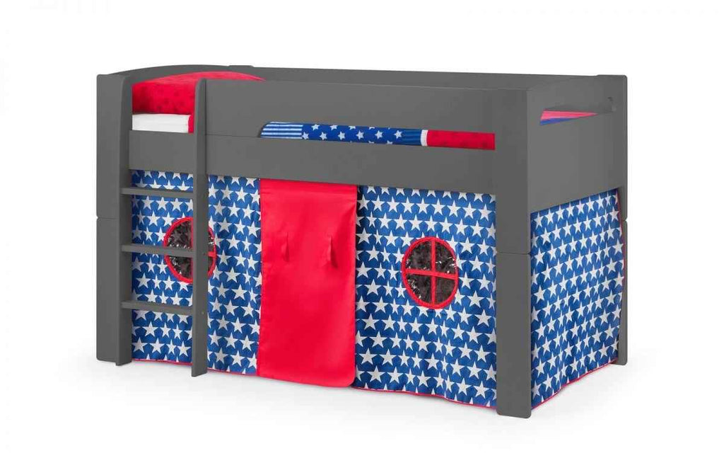 A grey Pluto midsleeper bed with a blue star tent and red door.