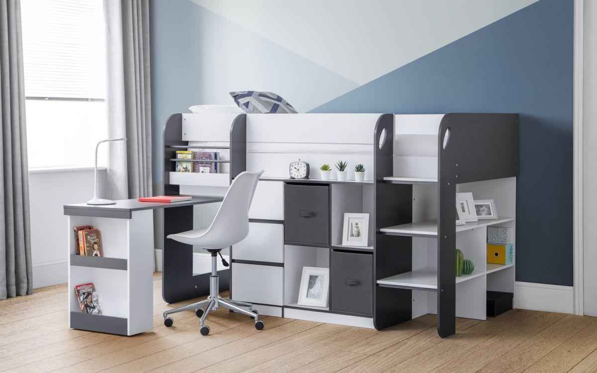 A Saturn wooden midsleeper with a desk, bookcase, and drawers.
