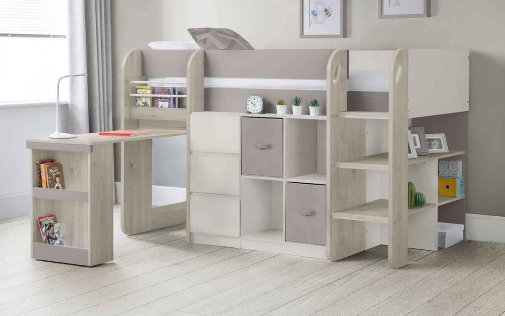 A wooden midsleeper bed with a desk, bookcase, and storage drawers.