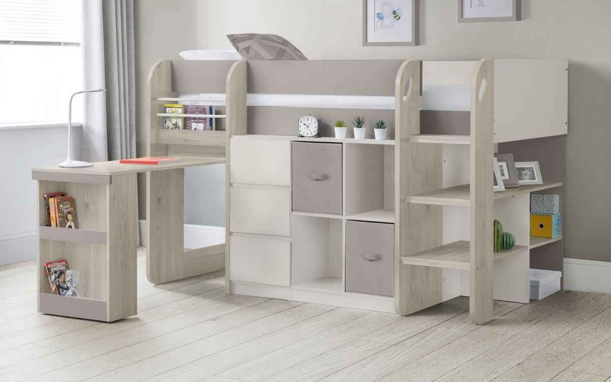 A wooden midsleeper bed with a desk, bookcase, and storage drawers.