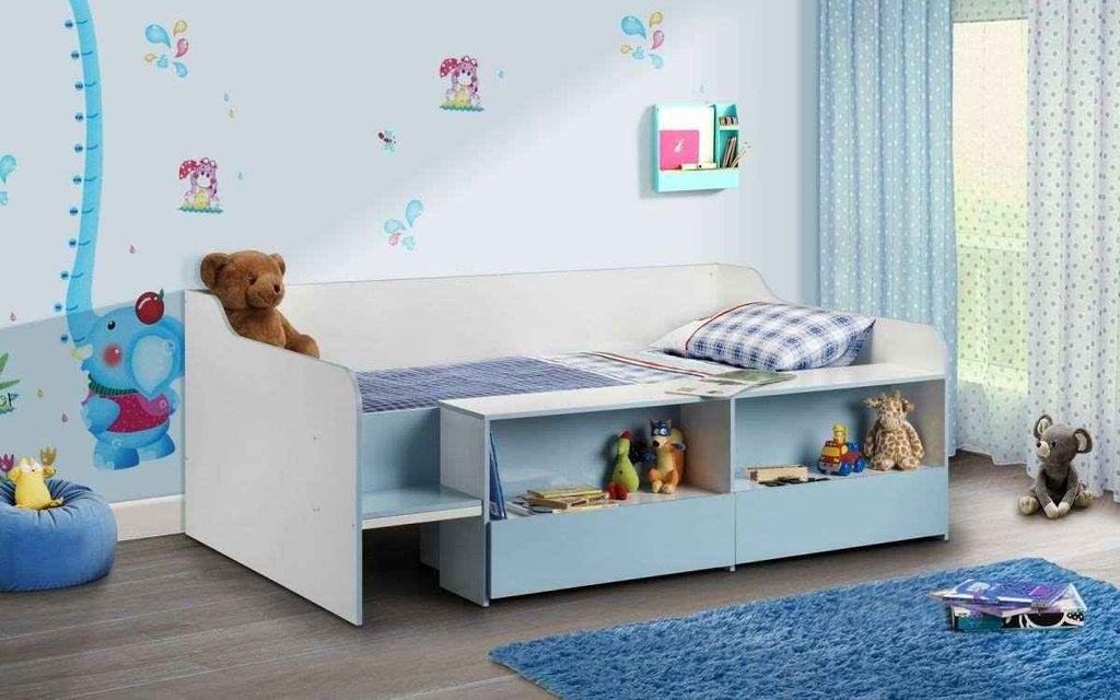 Stella low sleeper bed frame with storage in white and blue.