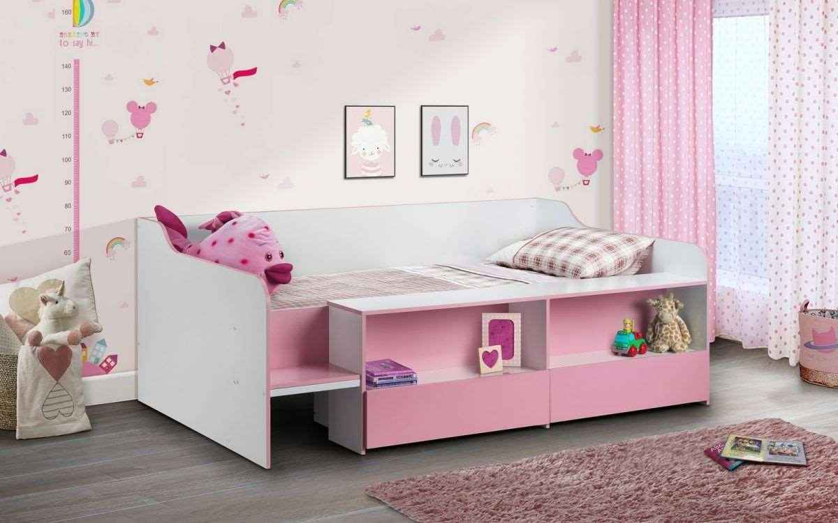 Stella low sleeper bed frame in pink with storage shelves and drawers.